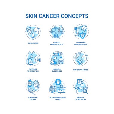 Skin cancer concept icons set. Genetic predisposition. Numerous moles. Weakened immune system. Melanoma idea thin line RGB color illustrations. Vector isolated outline drawings clipart