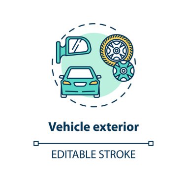 Araç dış konsept simgesi. Krom lastik, tekerlekler, pencereler, lastikler, dış boya. Araba parçaları ince çizgi çizimi fikrini ortaya attı. Vektör izole edilmiş RGB renk çizimi. Düzenlenebilir vuruş