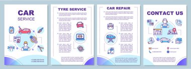 Araba bakım broşürü. Lastik servisi. Araba tamiri. Broşür, broşür, broşür baskısı, doğrusal simgelerle kaplama tasarımı. Dergiler için vektör planları, yıllık raporlar, reklam posterleri