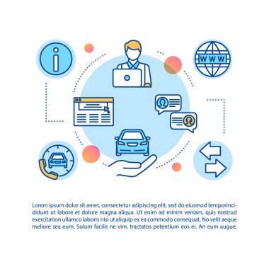 Araba satışı iş konsepti simgesi. Araba tamiri için rezervasyon yaptırıyorum. PPT sayfa vektör şablonu. Araba galerisi. Çevrimiçi mekanik servisi. Broşür, dergi, kitapçık tasarım ögesi doğrusal çizimler