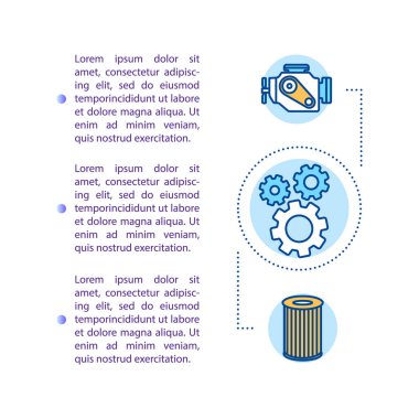 Metinli araç denetim konsepti simgesi. Hava filtresi kontrolü, buji değişimi, pil kontrolü. PPT sayfa vektör şablonu. Broşür, dergi, kitapçık tasarım ögesi doğrusal çizimler