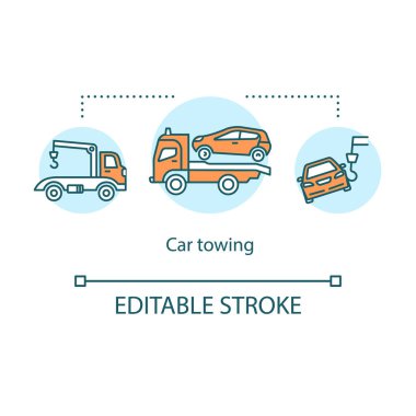 Araba çekme konsepti ikonu. Kurtarma aracı, bozulma kamyonu fikri ince çizgi çizimi. Uygun park edilmemiş, uygunsuz hareket eden motorlu araçlar. Vektör izole edilmiş RGB renk çizimi. Düzenlenebilir vuruş