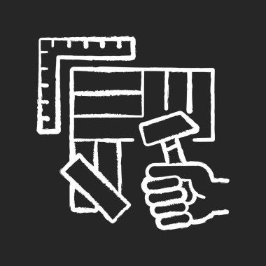 Siyah arkaplanda yer beyazı simgesi. Laminat ve ahşap paneller. Kapalı alanda tadilat. Oda dekorasyonu süreci. Döşeme kurulumu. İzole edilmiş vektör karatahta çizimi