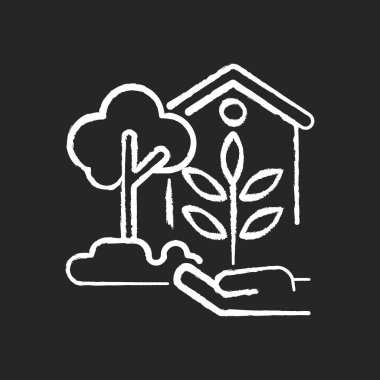 Bahçe dekorasyonu siyah arkaplanda beyaz tebeşir simgesi. Açık hava süsleri. Ağaç bahçesi. Arka bahçe dekorasyonu. Ev tadilatı. İzole edilmiş vektör karatahta çizimi