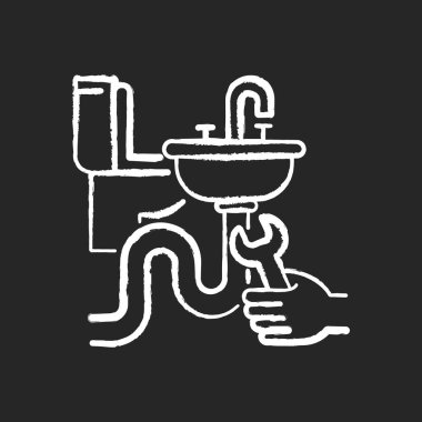 Siyah arkaplanda tebeşir beyazı ikonu kurulumu. Ev tesisatı. Yenileme ve onarım. Tuvalet ve lavabo tesisatları. İnşaat süreci. İzole edilmiş vektör karatahta çizimi