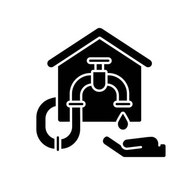 Su bağlantısı siyah kabartma simgesi. İkmal bağlantısı. Hesap sistemi. Damlalı musluk. Ev tesisatı. Soğuk ve sıcak su sistemleri. Beyaz uzayda siluet sembolü. Vektör izole illüstrasyonu
