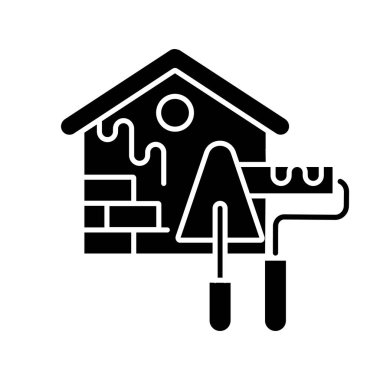 Dış dekorasyon siyah kabartma simgesi. Dış boyama. Ev dekorasyonu ve tadilatı. Dekorun dışında. İnşaat süreci. Beyaz uzayda siluet sembolü. Vektör izole illüstrasyonu