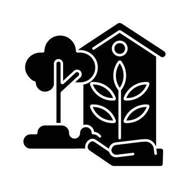 Bahçe dekorasyonu siyah kabartma simgesi. Açık hava süsleri. Ağaç bahçesi. Arka bahçe dekorasyonu. Ev tadilatı. Beyaz uzayda siluet sembolü. Vektör izole illüstrasyonu