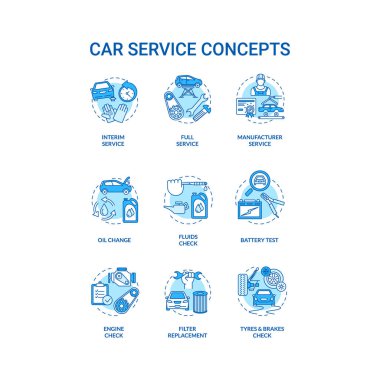 Car service concept icons set. Full, interim services, engine, tyres checking, battery test idea thin line RGB color illustrations. Vector isolated outline drawings. Editable stroke clipart