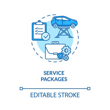 Servis paketleri konsept simgesi. Kontörlü araç bakım planı. Tamir, onarım. Düzenli otomatik tanılama fikri ince çizgi çizimi. Vektör izole edilmiş RGB renk çizimi. Düzenlenebilir vuruş