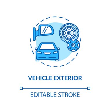 Araç dış konsept simgesi. Krom lastik, tekerlekler, pencereler, lastikler, dış boyama. Arabanın dış parçaları ince çizgi çizimi fikrini ortaya attı. Vektör izole edilmiş RGB renk çizimi. Düzenlenebilir vuruş
