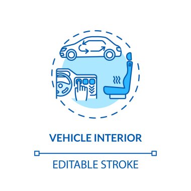 Araç içi konsept simgesi. Hoş otomobil fikri ince çizgi çizimi. Arabanın iç parçaları. Kapı panelleri, aydınlatma, döşeme, ısıtıcı. Vektör izole edilmiş RGB renk çizimi. Düzenlenebilir vuruş