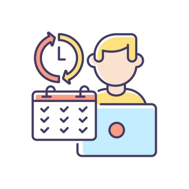 Tam zamanlı RGB renk simgesi. İş şirketinde çalışıyorum, yoğun çalışma programım var. Tam iş. Takvim izole vektör illüstrasyonuna sahip kurumsal ofis çalışanı