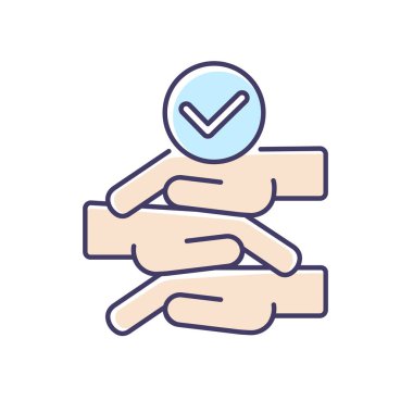 Dost takım RGB renk ikonu. Profesyonel takım oluşturma, şirket personeli birliği. Topluluk beraberliği, takım çalışması. Eller izole vektör illüstrasyonunu yığın