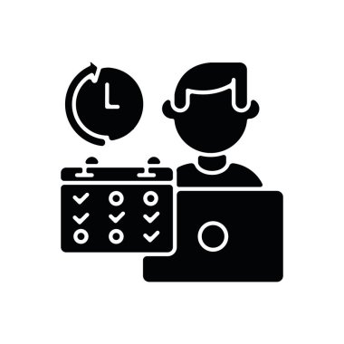 Part time job black glyph icon. Professional occupation, time management. Shift work, flexible schedule silhouette symbol on white space. Office worker with calendar vector isolated illustration clipart