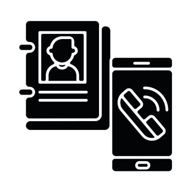 Şirket simgesi ile temas kurar. Müşteri destek servisi, resmi iletişim bilgileri. Beyaz uzayda iş silueti sembolü pazarlamak. El kitabı ve akıllı telefon vektörü izole edilmiş resimleme