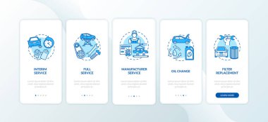 Araba servisi mobil uygulama sayfası ekranında konseptlerle birlikte. Geçici teftiş, yağ, filtre değiştirme 5 adım grafik talimatları. RGB renk resimleriyle UI vektör şablonu