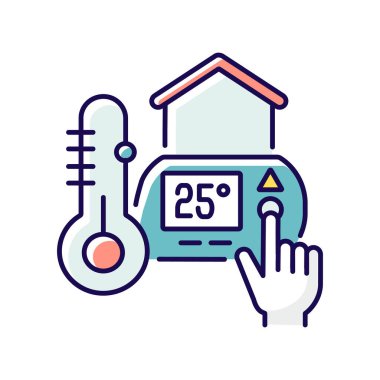 Termostat RGB renk simgesini ayarlıyor. Su ısıtıcısı. Klima. Sıcaklık ölçümü ve bakımı. Programlanabilir termostat. Ev tadilatı. İzole vektör illüstrasyonu
