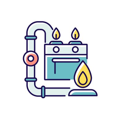 Gaz boru işi RGB renk simgesi. İç gaz tedarik tesisi. Tesisat sistemi. Boru hattı kanalı. Mühendislik. Ev bakımı ve iyileştirmeler. İzole vektör illüstrasyonu