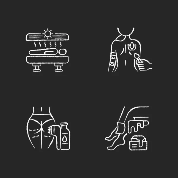 Body Care Chalk White Icons Set Black Background Tanning Body — Stock Vector