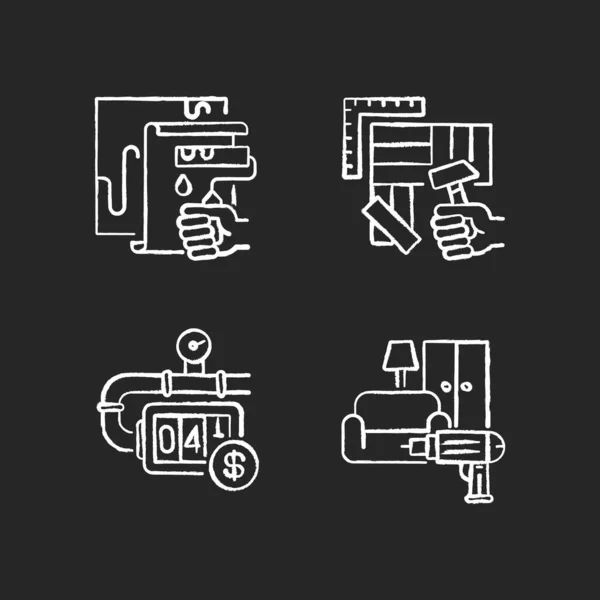 家の改装チョーク白のアイコンは黒を背景に設定します 家具の設置 床の設置 ローラーで壁を描く ガスメーター 絶縁ベクトルチャークボードイラスト — ストックベクタ