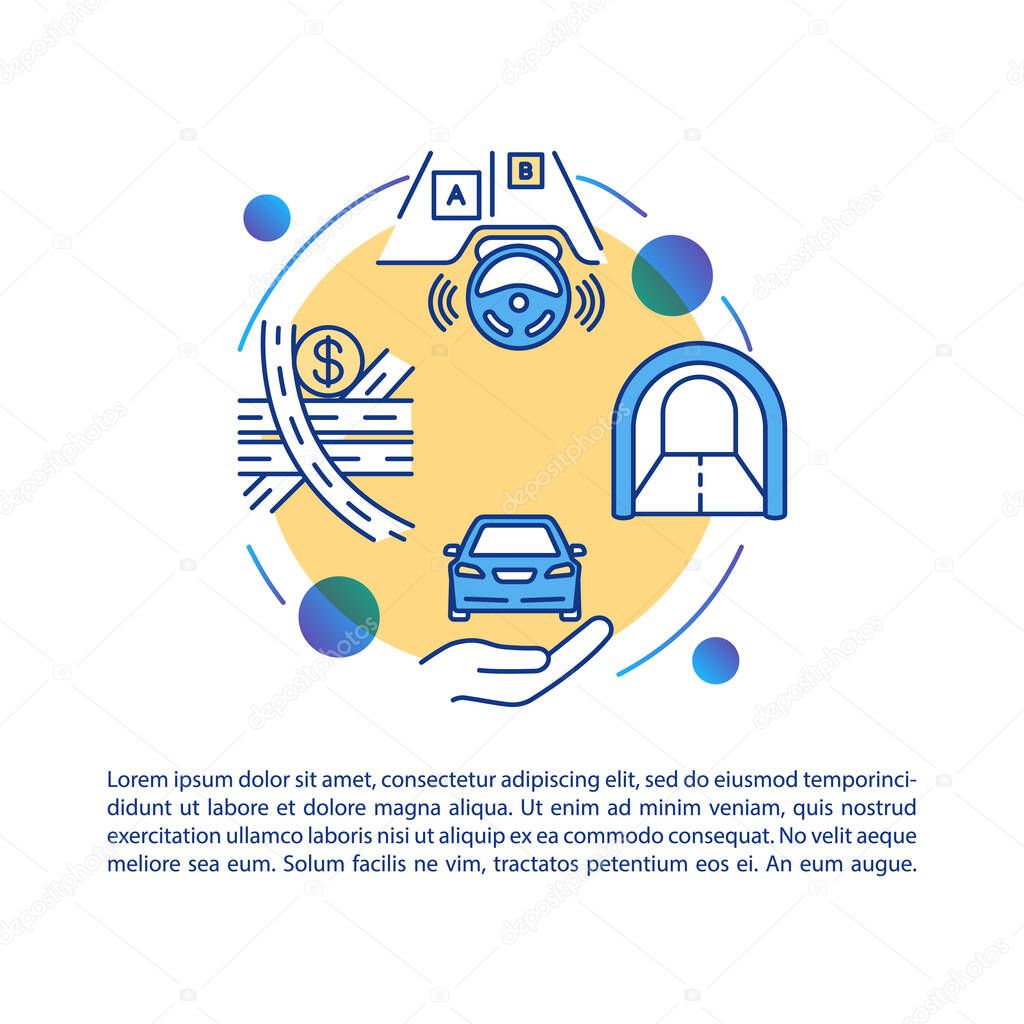 Turnpike system concept icon with text. All-electronic toolways. Tunnels, bridges. PPT page vector template. Toll road charges. Brochure, magazine, booklet design element with linear illustrations