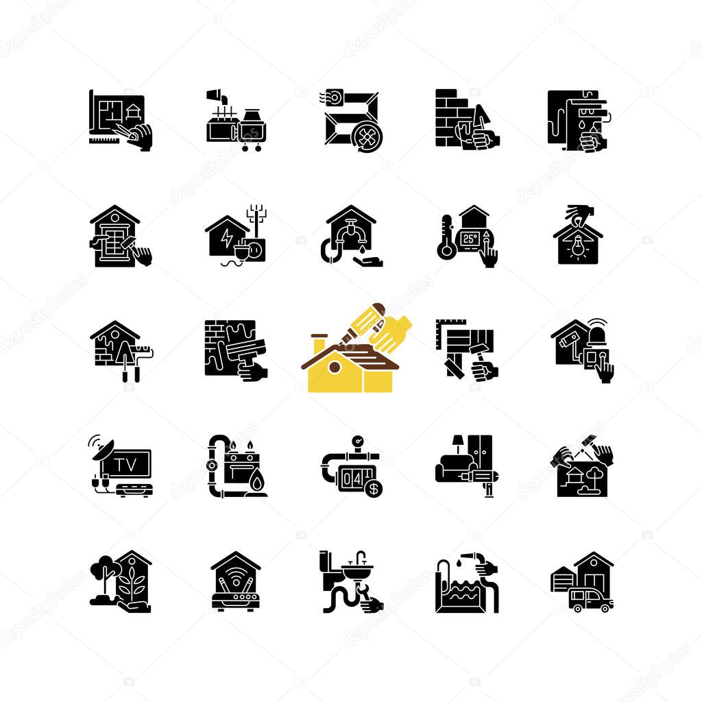 Building and repair house black glyph icons set on white space. Gas pipework. Counter installation. Pool construction. Garage building. Home decor. Silhouette symbols. Vector isolated illustration