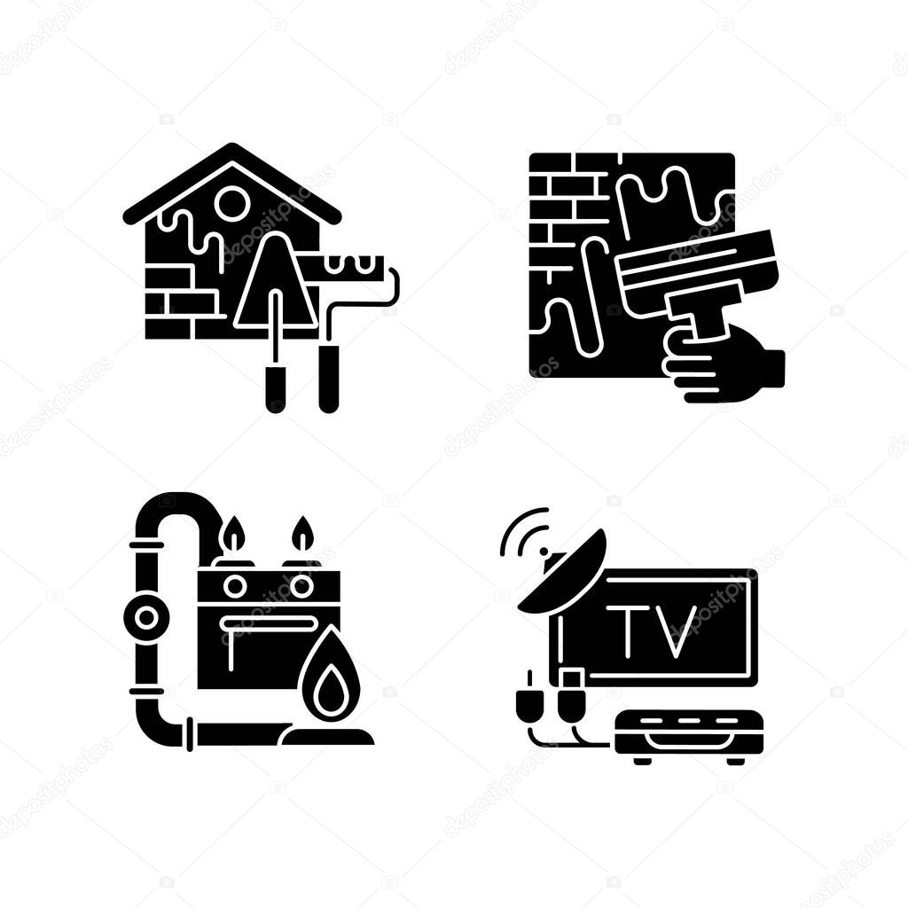 House repairs and facilities black glyph icons set on white space. External decoration. House decorating and renovating. Gas pipework. TV tuner. Silhouette symbols. Vector isolated illustration