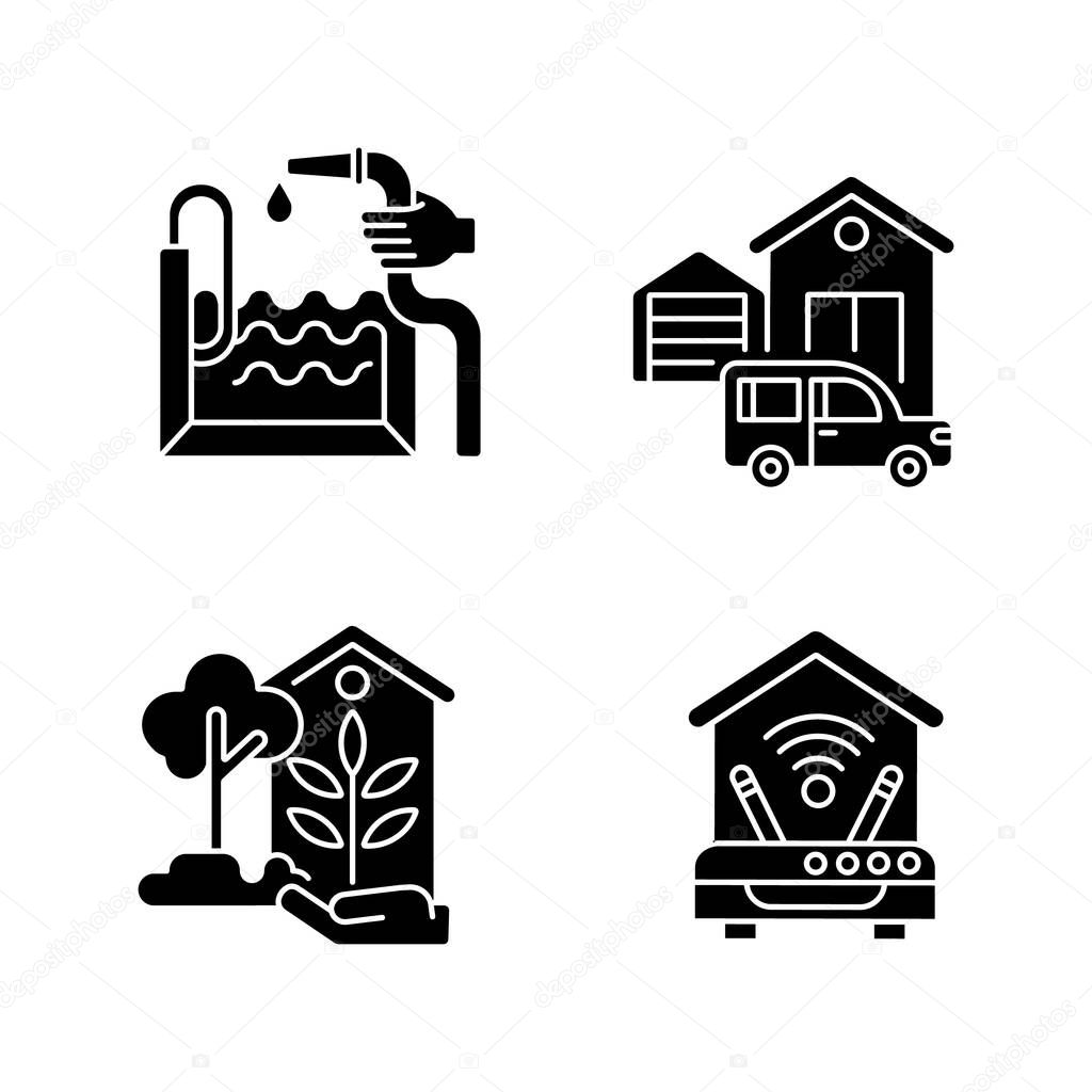 Home Facilities Black Glyph Icons Set On White Space Garden Decoration Internet Connection Swimming Pool Installation House With Garage And Car Silhouette Symbols Vector Isolated Illustration Premium Vector In Adobe Illustrator