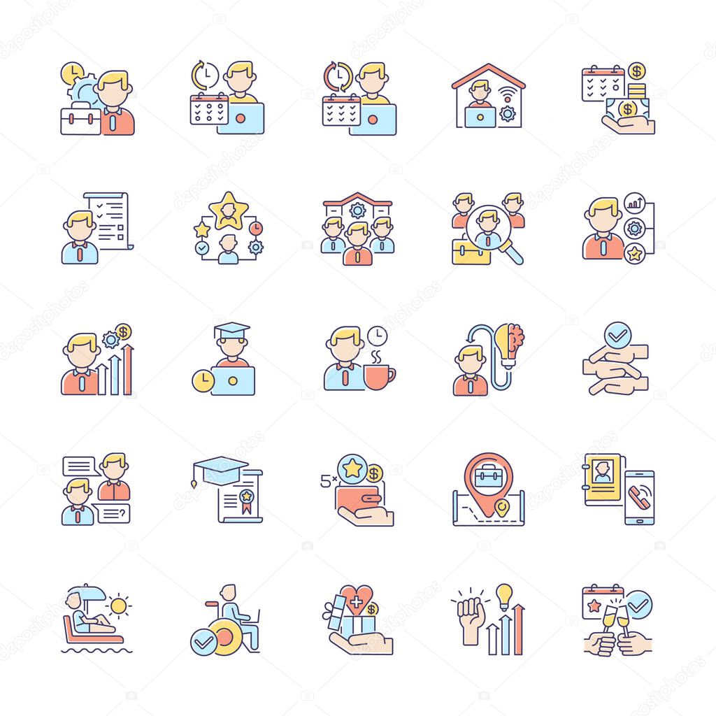 Job vacancy RGB color icons set. Work in company, professional occupation, headhunting. Corporate employment, company recruitment. Isolated vector illustrations