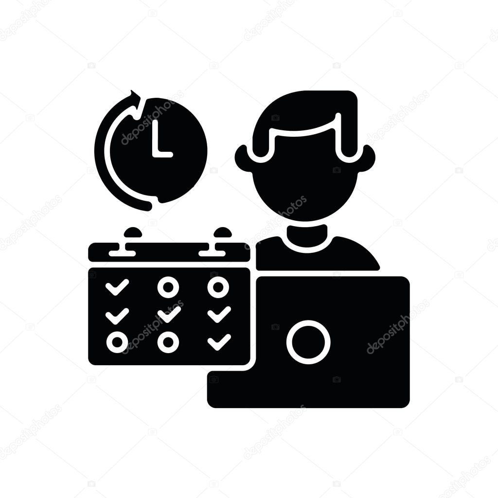 Part time job black glyph icon. Professional occupation, time management. Shift work, flexible schedule silhouette symbol on white space. Office worker with calendar vector isolated illustration