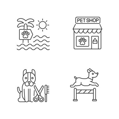 Hayvan endüstrisi doğrusal simgeleri ayarlandı. Köpek kumsalı, petshop, profesyonel tımar salonu ve eğitim merkezi kişiselleştirilebilir ince çizgi şekilleri. İzole vektör çizimi çizimleri. Düzenlenebilir vuruş