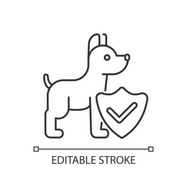 Hayvan sigortası lineer ikonu. Evcil hayvanlar için sağlık hizmeti planları sunuyor. İnce çizgili, kişiselleştirilebilir illüstrasyon. Contour sembolü. Köpek koruma programı. Vektör izole çizim. Düzenlenebilir vuruş