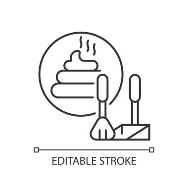 Kaka kepçeleme lineer simgesi. Profesyonel evcil hayvan bakımı ince çizgi özelleştirilebilir illüstrasyon. Contour sembolü. Hayvanların arkasını temizliyorum. Köpek dışkısı ve kaka kepçesi taşıyıcı izole ana hat çizimi. Düzenlenebilir vuruş