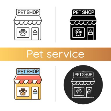 Evcil hayvan dükkanı ikonu. Lineer siyah ve RGB renk stilleri. Hayvanlar için çeşitli ürünleri olan yerel bir dükkan. Küçük işletme, petshop. Pencere izole edilmiş vektör çizimlerinde pençe izi olan depolama önadı