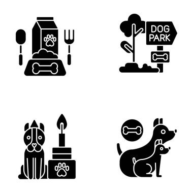 Köpek bakıcılığı hizmetleri beyaz alana siyah sembol konulmuş. Profesyonel evcil hayvan yuvası. İyi beslenme, parkta yürüyüş ve olaylar siluet sembollerini kutluyor. Vektör izole çizimleri