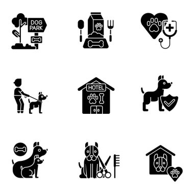 Animal care business black glyph icons set on white space. Professional assistance for pet owners. Dog healthcare, nutrition and daycare services silhouette symbols. Vector isolated illustrations clipart