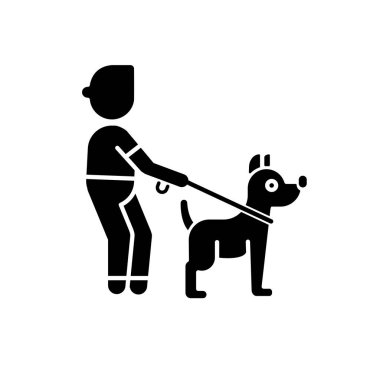 Hayvan gezdirme servisi siyah sembol. Profesyonel köpek gezdirme servisi kullanıyor. Beyaz uzayda hayvan bakım silueti sembolü. Açık hava aktiviteleri. Tasmalı köpek sahibi vektör yalıtımı