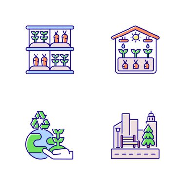 Ekolojik üretim RGB renk simgeleri ayarlandı. Dikey bahçe. Sera prodüksiyonu. Çevresel gelişim. Sokak düzenleme. Şehir çiftçiliği. İzole vektör çizimleri