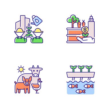 Tarım sektörü RGB renk simgeleri ayarlandı. Toplum çiftçiliği. Taktik bahçe. Hayvan yetiştiriciliği. Akuaponik üretim. Tarım üretimi. Biyoteknoloji yapısı. İzole vektör çizimleri