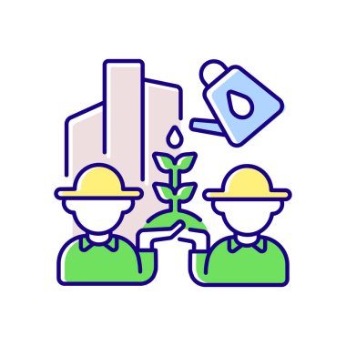 Toplum bahçıvanlığı RGB renk simgesi. Şehirdeki çiftçi grubu. Kentsel sürdürülebilir sebze üretimi. Bitkilerle ilgilen. İkamet edenler için bahçecilik. Hobi bahçıvanlar. İzole vektör illüstrasyonu