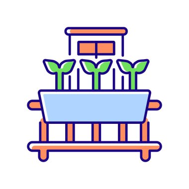 Pencere kenarı bahçe RGB renk simgesi. Pencerede bitki yetiştir. Saksıda filizlenen. Balkonda fideler var. Terasta sebze yetişiyor. Hobi bahçıvan. İzole vektör illüstrasyonu