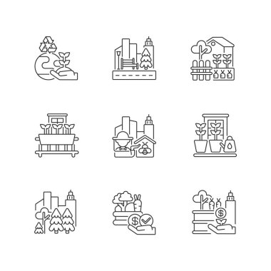 Kentsel tarım doğrusal simgeleri ayarlandı. Çevresel gelişim. Sokak düzenleme. Çiçekleri sulamak. Özelleştirilebilir ince çizgi şekilleri. İzole vektör çizimi çizimleri. Düzenlenebilir vuruş