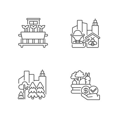 Kentsel tarım üretim lineer simgeleri ayarlandı. Şehir ormanı. Uygun fiyatlı yiyecekler. Şehir arıcılığı. Özelleştirilebilir ince çizgi şekilleri. İzole vektör çizimi çizimleri. Düzenlenebilir vuruş