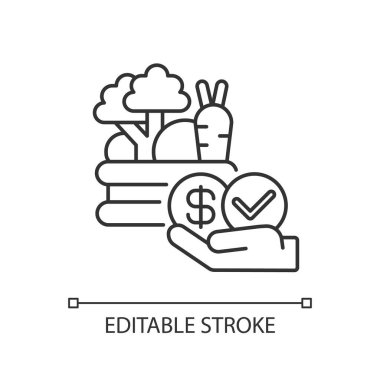 Ucuz yiyecek doğrusal simgesi. Çiftçi pazarı. Tarım sektöründen gelir. Sebze sat. İnce çizgi özelleştirilebilir illüstrasyon. Contour sembolü. Vektör izole çizim. Düzenlenebilir vuruş