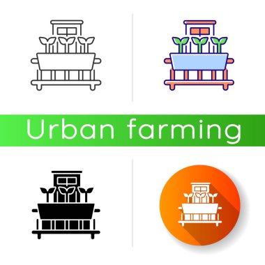 Pencere kenarı bahçe ikonu. Pencerede bitki yetiştir. Saksıda filizlenen. Terasta sebze yetişiyor. Hobi bahçıvan. Lineer siyah ve RGB renk stilleri. İzole vektör çizimleri