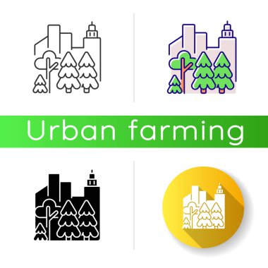 Şehir orman ikonu. Halk parkı. Kasaba bölgesinde ağaç yetişiyor. Modern çevre dostu bir yer. Yeşil bölge. Dinlenme yeri. Lineer siyah ve RGB renk stilleri. İzole vektör çizimleri