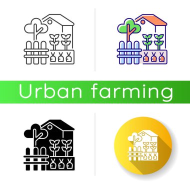 Arka bahçe ikonu. Memlekette şehir çiftçiliği. Hobi için tarım. Bitki yetiştir. Terasta sebze yetiştir. Lineer siyah ve RGB renk stilleri. İzole vektör çizimleri