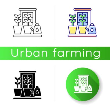 Balkon bahçe ikonu. Pencere kenarındaki bitkileri sulamak. İçerde sebze yetiştir. Bahçıvanlık. Hobi olarak bahçıvanlık. Lineer siyah ve RGB renk stilleri. İzole vektör çizimleri
