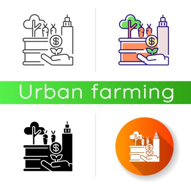Taktik bahçe ikonu. Şehir çiftliği. Kasabada bahçıvanlık. Finansal kar yetiştirme tesisi. Ekin geliri. Çiftçi pazarı. Lineer siyah ve RGB renk stilleri. İzole vektör çizimleri